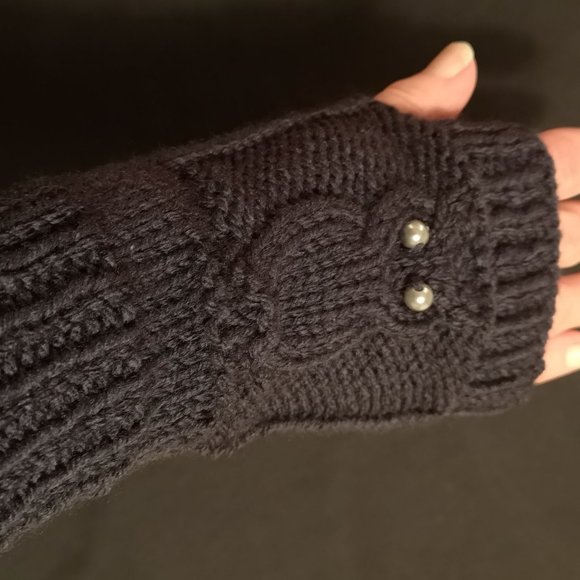 Navy Blue Owl Knit Fingerless Texting Gloves Mittens Arm Warmers Glovele… - Picture 3 of 8